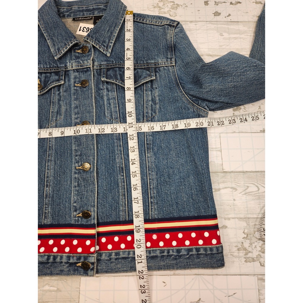 WilliSmith Womens XL Denim Jacket Polka Dot Ribbon Trim Blue Cotton Trucker - Picture 4 of 6